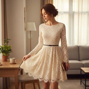 Böhme Beige Lace Long Sleeve Mini Dress S Cotton/Nylon Blend With Belted Waist &